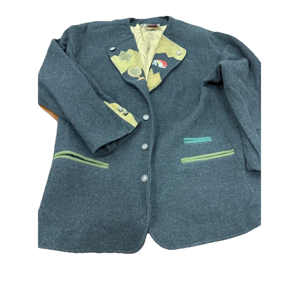 Marlene Wool Jacket Blazer Womens 38 Gray Embroidered‎ Applique Tree House